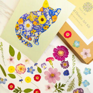 pressed_flower_art_kit_cat_gentle_finished Pressed flower art kit with colorful floral design, perfect for creating custom nature-inspired craft projects and botanical artwork. Includes a variety of dried flowers and leaves for creative expression.