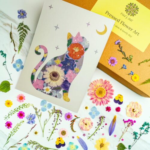 Pressed flower art featuring a detailed floral cat silhouette, vibrant botanical designs, and colorful flower arrangements for decorative and craft purposes.