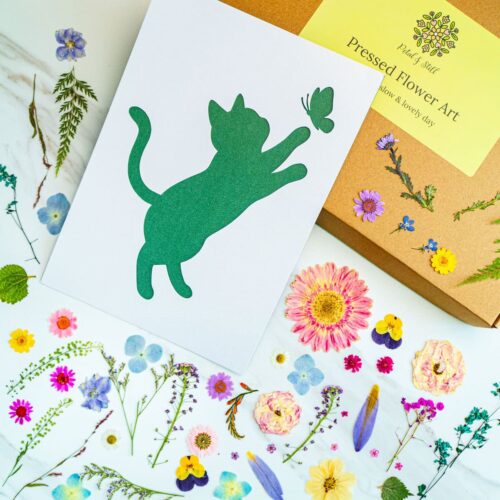 Delicate pressed flower art with colorful botanicals and a pet-themed cutout card, perfect for nature-inspired home decor or botanical art collections.