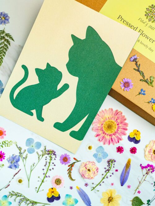Silhouette of a cat and kitten cutout for pressed flower art, surrounded by colorful real pressed flowers and botanical paper, perfect for nature-inspired craft projects.