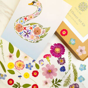 pressed_flower_art_kit_swan_dreamy_finished Flower art swan with colorful pressed flowers and botanical illustrations, Petal & Still floral craft kit, botanical art for DIY flower projects and spring decoration, creative floral arrangement activity, floral art print for home decor.