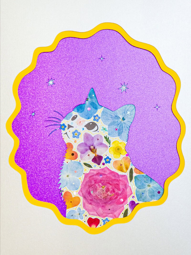 pressed_flower_art_kit_cat_looking_up_twilight_blossom_detail Looking Up Cat: Twilight Blossom 8.3"×11.7"