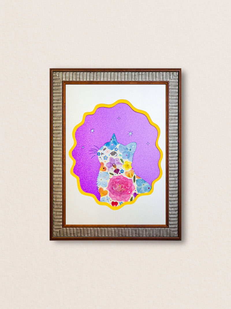 pressed_flower_art_kit_cat_looking_up_twilight_blossom_frame Looking Up Cat: Twilight Blossom 8.3"×11.7"