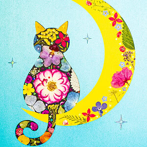 Moon Cat · Pressed Flower Art · Artist Made 8.3"×11.7"