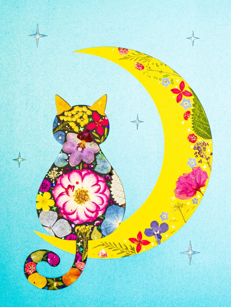 Moon Cat · Pressed Flower Art · Artist Made 8.3"×11.7"