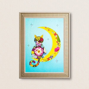 Moon Cat · Pressed Flower Art · Artist Made 8.3"×11.7"