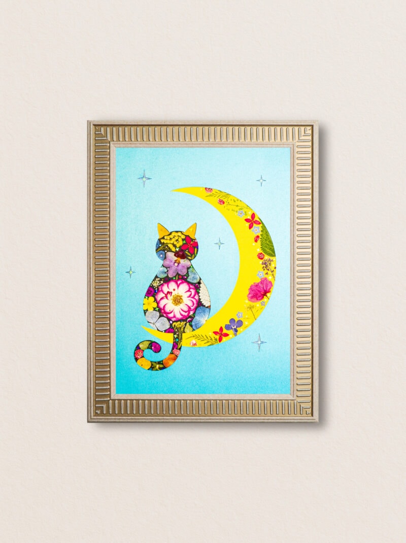 Moon Cat · Pressed Flower Art · Artist Made 8.3"×11.7"
