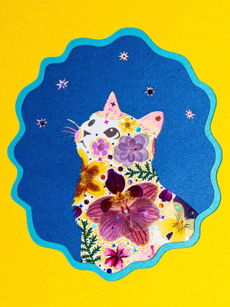 pressed_flower_art_kit_cat_looking_up_woven_silence_detail Looking Up Cat: Woven Silence 5"×7"
