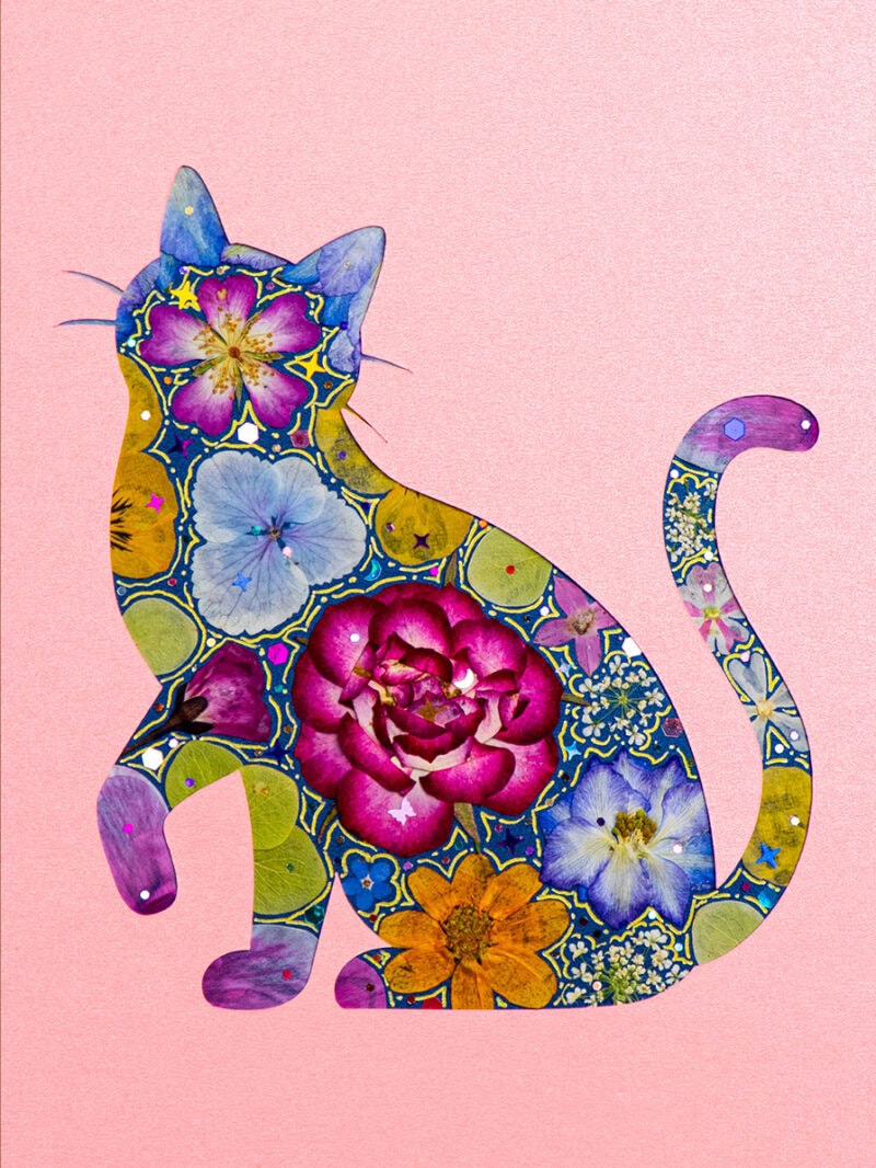 pressed_flower_art_kit_cat_lively_pink_bloom_detail Lively Cat: Pink Bloom 5"×7"