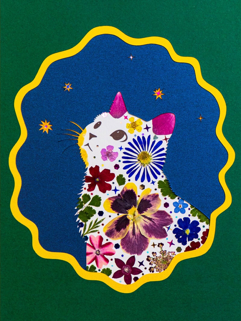 pressed_flower_art_kit_cat_looking_up_emerald_galaxy_detail Looking Up Cat: Emerald Galaxy 5"×7"