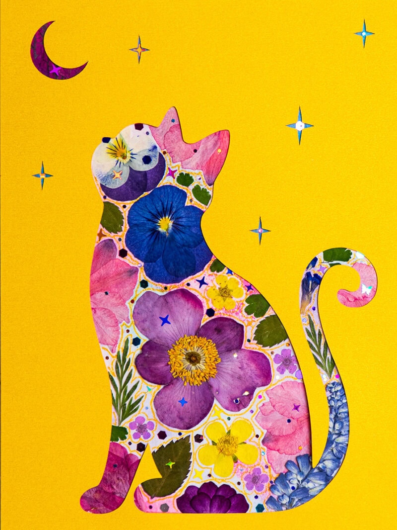 pressed_flower_art_kit_cat_moonlit_petal_mew_detail Moonlit Cat: Petal Mew 5"×7"